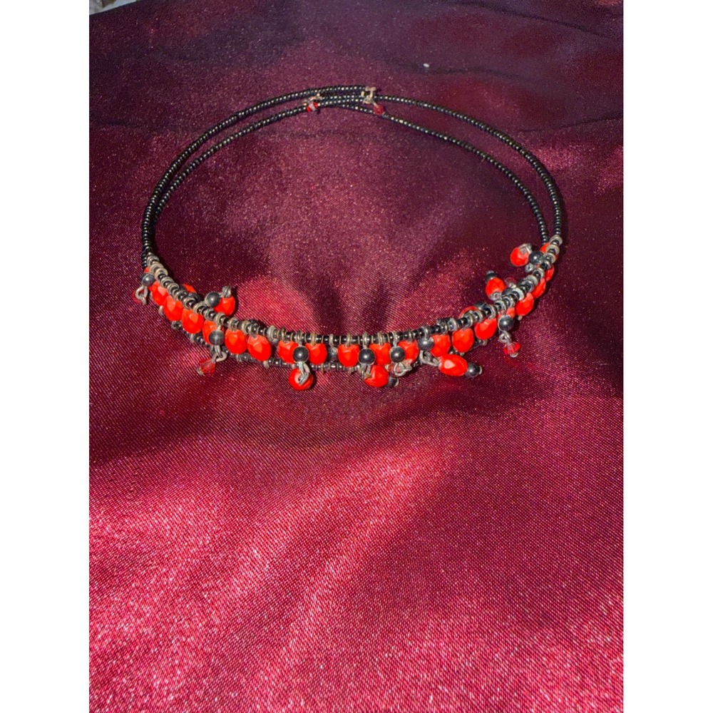 Red and Black Beaded Memory Wire Choker Necklace Boho Wrap Fringe Statement Piec